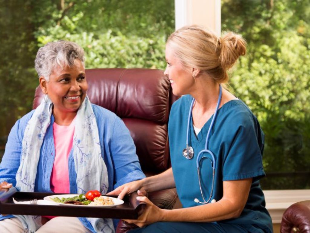 Home-Aide-Services-in-Abington-MA A care giver handing an elderly woman food sitting in a red chair. Home-Aide-Services-in-Abington-MA.png
