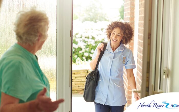 A caregiver comes in to see a client at home representing senior home care and the services offered.