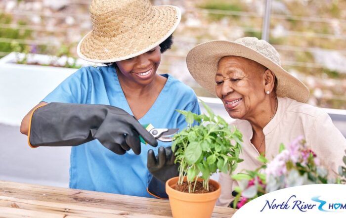 Caregiver and Senior gardening as part of companion care activities.