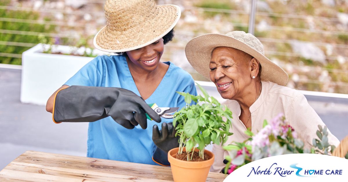Caregiver and Senior gardening as part of companion care activities.